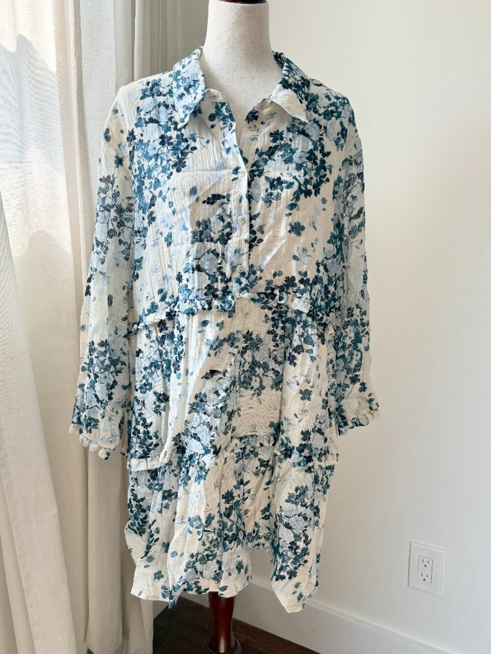 Anthropologie Maeve Bettina Ruffle Mini Dress XL Blue Floral Button Front - Picture 2 of 8
